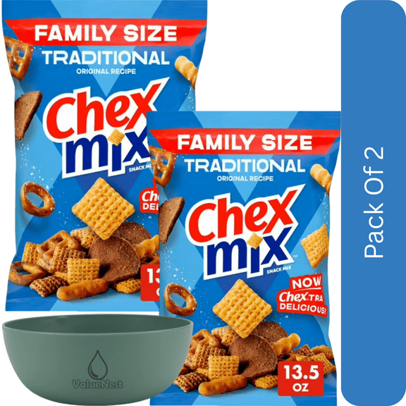 Chex Mix Traditional Original Recipe Snack Mix, Family Size, 13.5 oz-2pk, With Olive Green Bowl By ValueNest