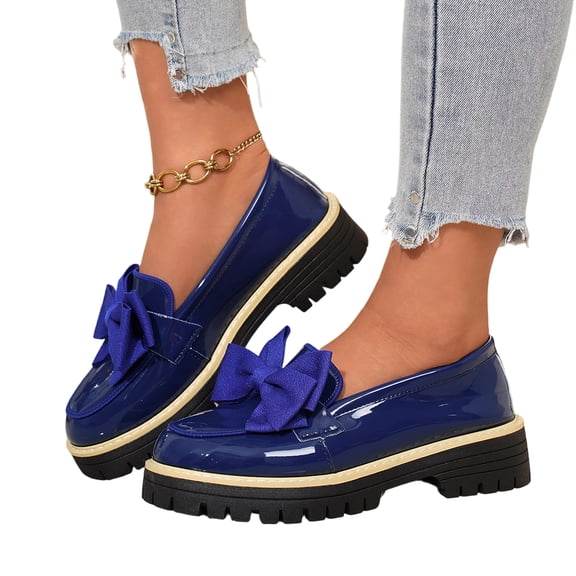 SACFOF Patent Leather Bow Loafers for Women Comfort Round Toe Slip On Anti Slip Low Chunky Heel Penny Loafers for Work Daily Casual Dressy