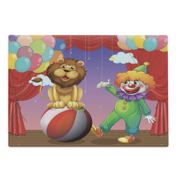 Circus Cutting Board, Lionnd Clownt the Circus Stage Theater Curtain Playing Performancerts, Decorative Tempered Glass Cutting and Serving Board, Large Size, Multicolor, by Ambesonne