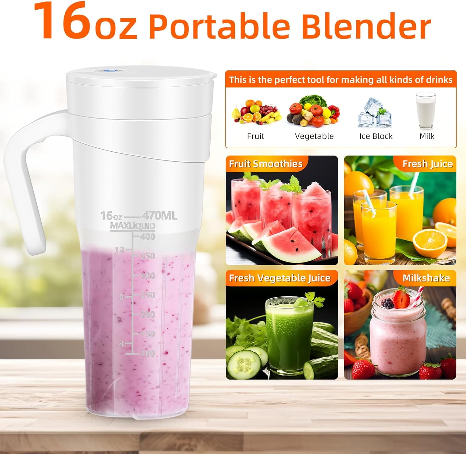 Self-Cleaning Blender - Powerful and Portable Smoothie Maker - 16 Oz Capacity, Magnetic Switch, Rechargeable Battery - Make Healthy Smoothies On the Go