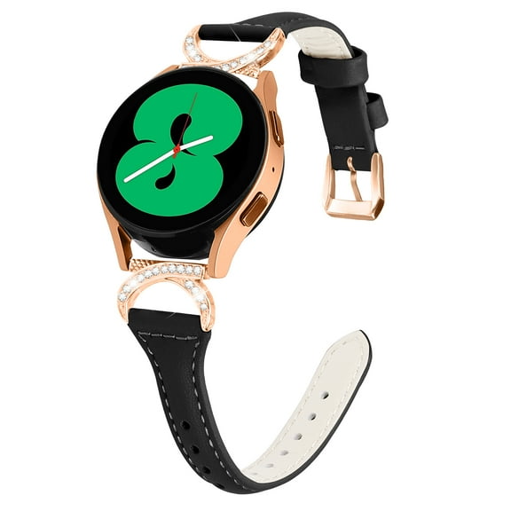 PINHEN Genuine Leather Bands Compatible for Samsung Galaxy Watch 6/5/4 40mm 44mm, 5 Pro, Watch 6/4 Classic 43mm 47mm 42mm 46mm, Horn-shaped Diamond Metal Strap, Bling Slim 20mm Wristband for Women