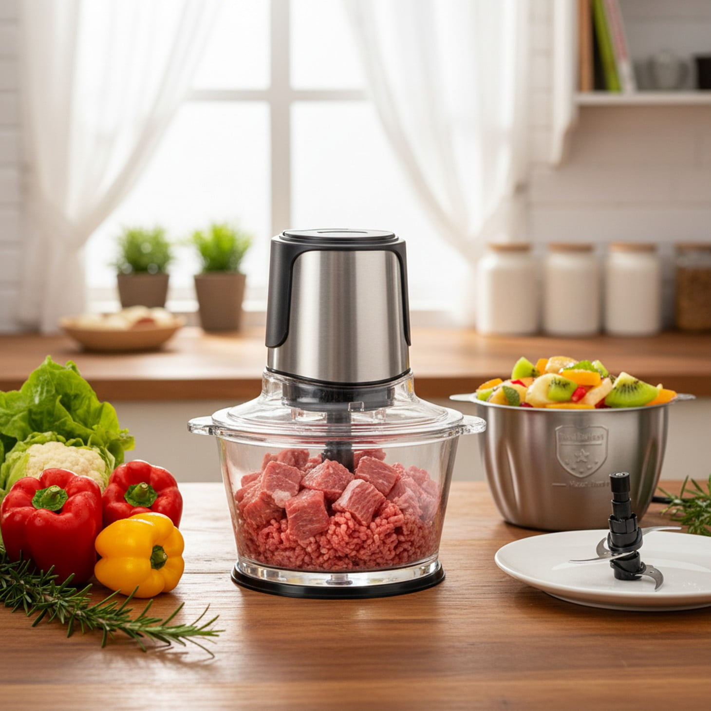 EDX 450W Electric Meat Grinder & Food Chopper, 2L Dual 8-Cup Bowls, 2-Speed Stainless Steel Processor
