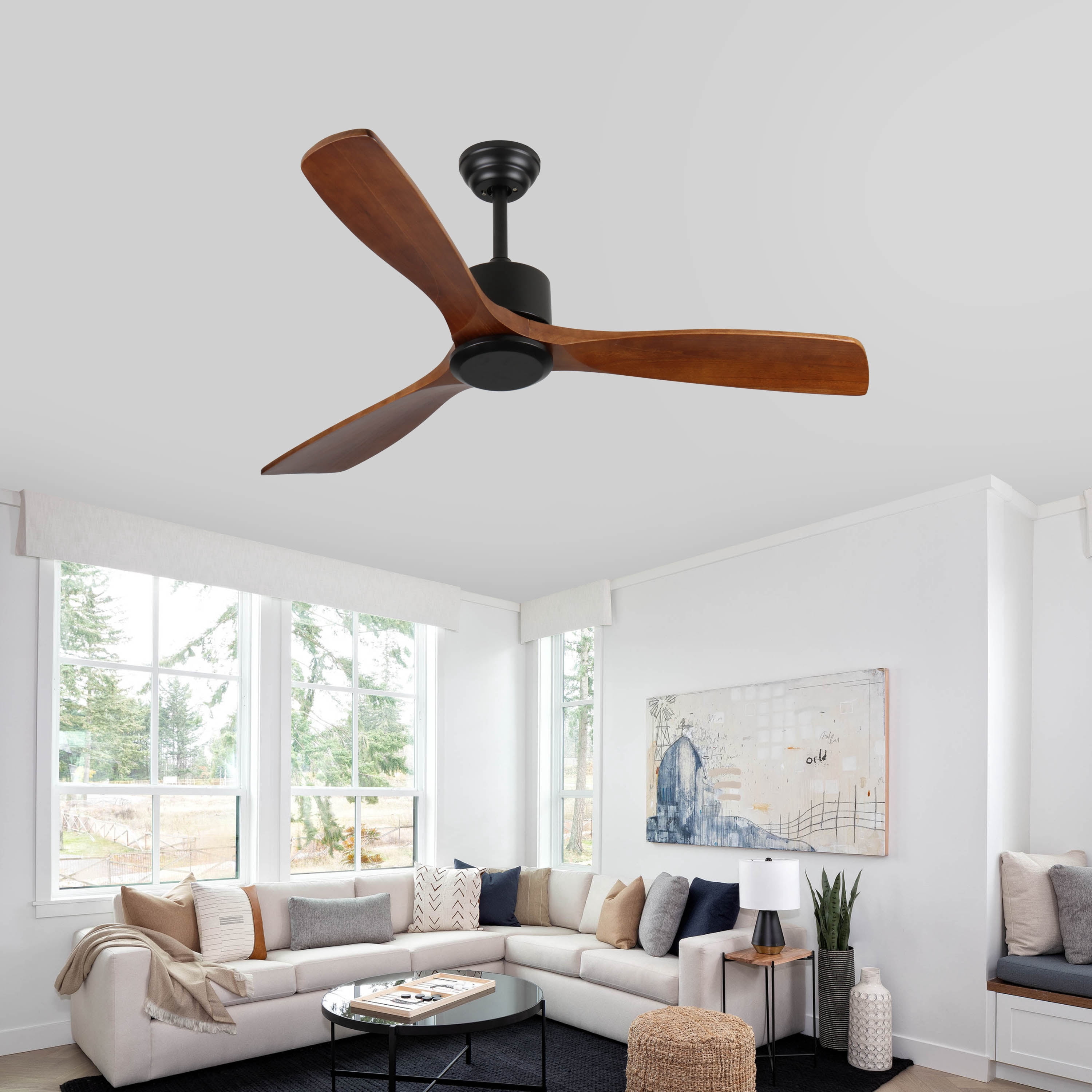 Miniyam 52" Wood Ceiling Fan NO Light, 3 Reversible Blades, with 6 Speeds Reversible DC Motor,Low Profile Ceiling Fan with No Light for Living Room Kitchen Bedroom
