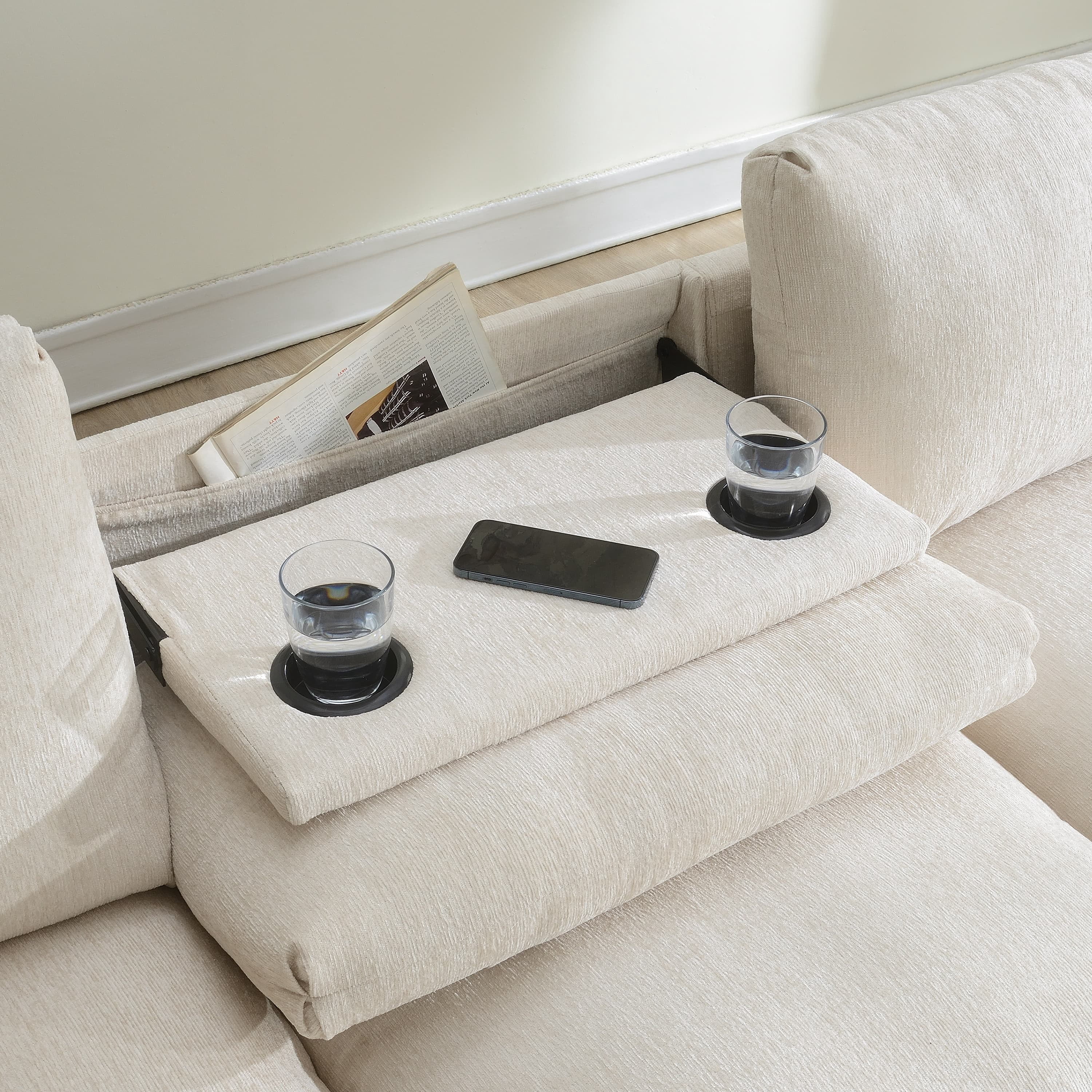 MAYEERTY 96x35" Chenille Sectional Sofa - Bluetooth Speaker, Drop Down Table/Cup Holders/USB/Storage, Wide Seat for Living Room/Apartment/Office, 3 Colors
