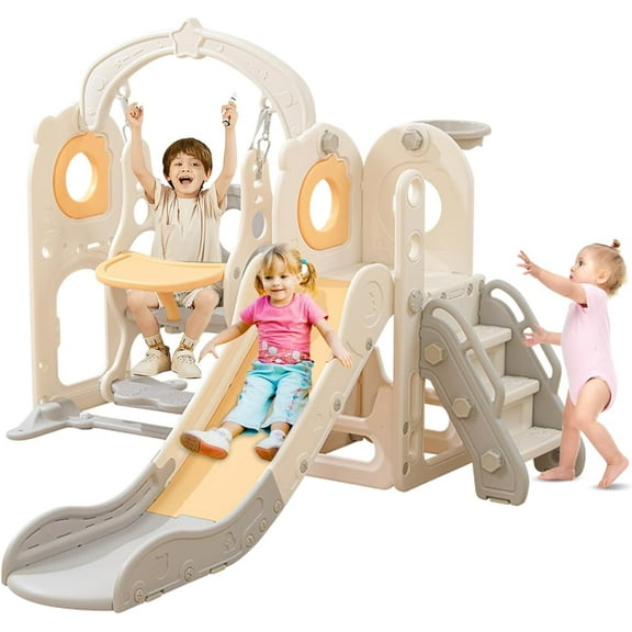 Freestanding Toddler Slide with Swing Set, 6 in 1 Kids Indoor Playset L Shaped Slide  with Basketball Hoop for Toddlers 1-3  Beige