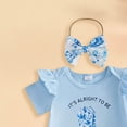 thumbnail image 5 of Povozer Toddler Girl Clothes Baby Girl Summer Outfits,Newborn Outfit Baby Girl Clothes 0 3 6 9 12 18 Months Ruffle Sleeve Romper Headband Shorts Set,Size 9-12 Months,Sky Blue, 5 of 6