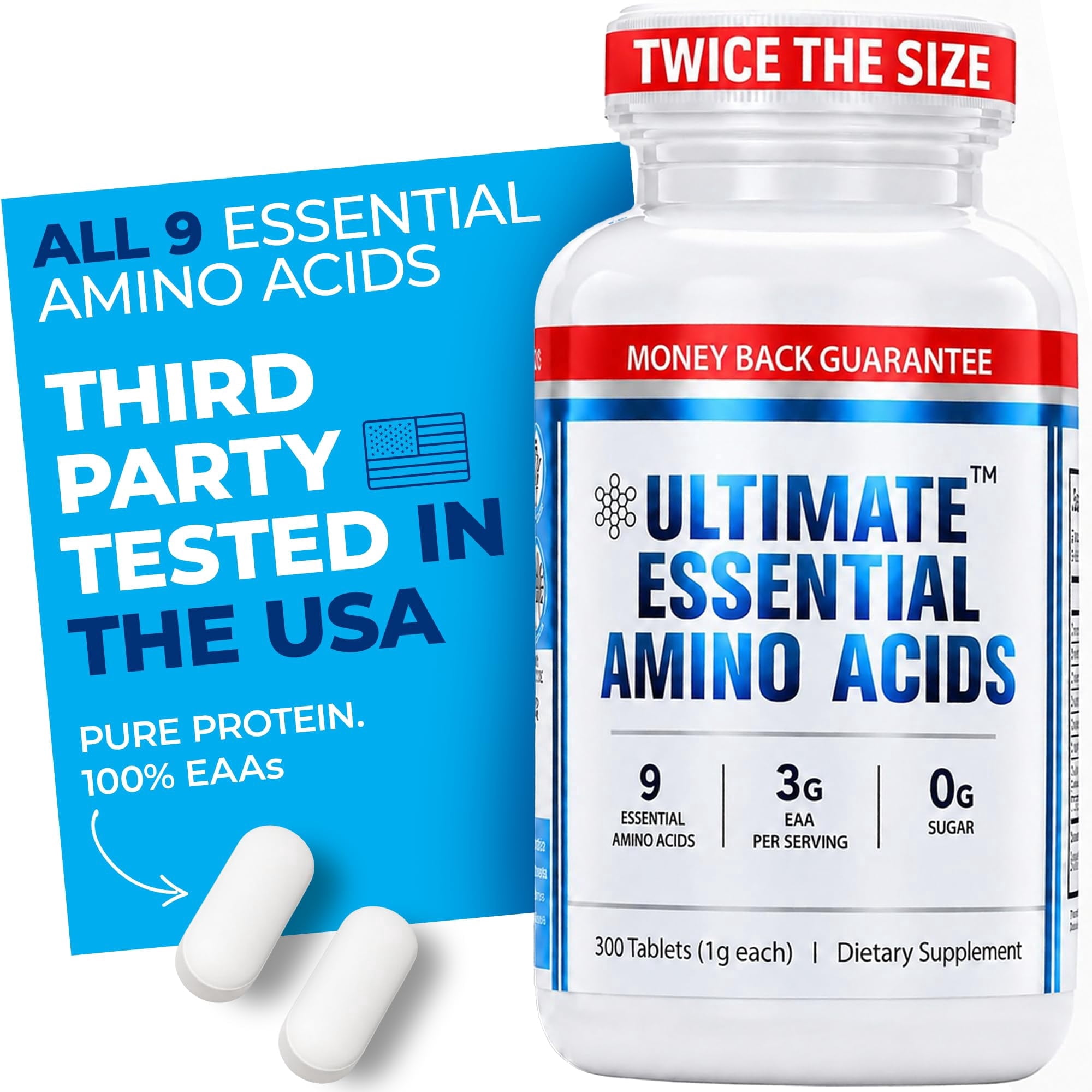 Ultimate Essential Amino Acid Supplement, All 9 EAAs, 40% Leucine, Ideal BCAA Ratio, Keto & Vegan, 300 Easy-to-Swallow Tablets