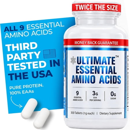 Ultimate Essential Amino Acid Supplement, All 9 EAAs, 40% Leucine, Ideal BCAA Ratio, Keto & Vegan, 300 Easy-to-Swallow Tablets