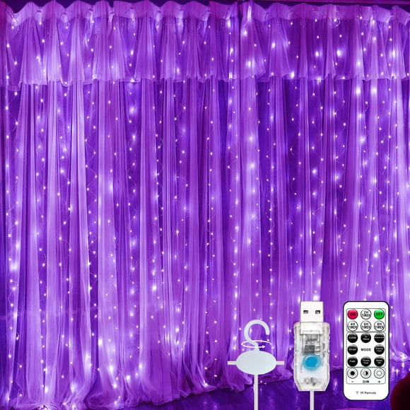 Cadena de luces SINAMER 600 LED moradas, 6 x 3 m, 8 modos