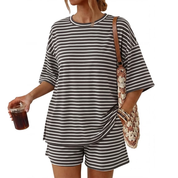Bexdxz Women's Casual Striped Short Sleeve 2 Piece Summer Set Oversized Top & Loose Fit Shorts with Pockets Black 2XL