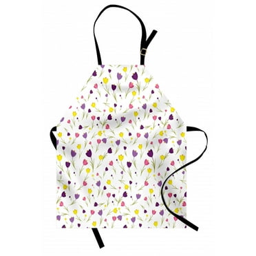 Tulip Apron Limitless Tiny Little Tulip Motifs over Plain Backdrop Seasonal Romantic Concept, Unisex Kitchen Bib Apron with Adjustable Neck for Cooking Baking Gardening, Purple Yellow, by Ambesonne