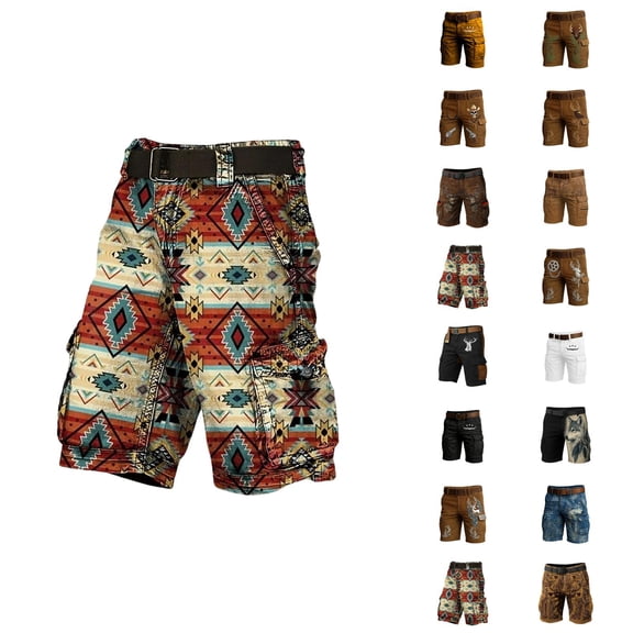 Cargo Shorts for Men 2026 Summer Casual Vintage Western Cowboy Style Printed Straight Leg Shorts with Pockets Workwear
