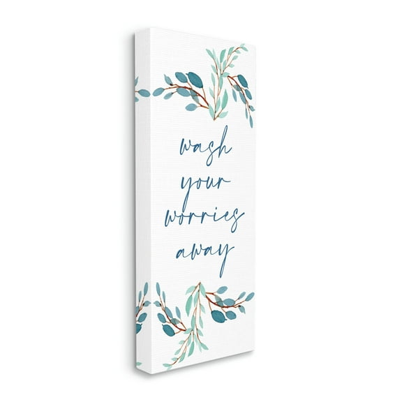 Stupell Industries Wash Your Worries Away Bathroom Phrase Blue Plants, 17 x 40, Designed by Kim Allen
