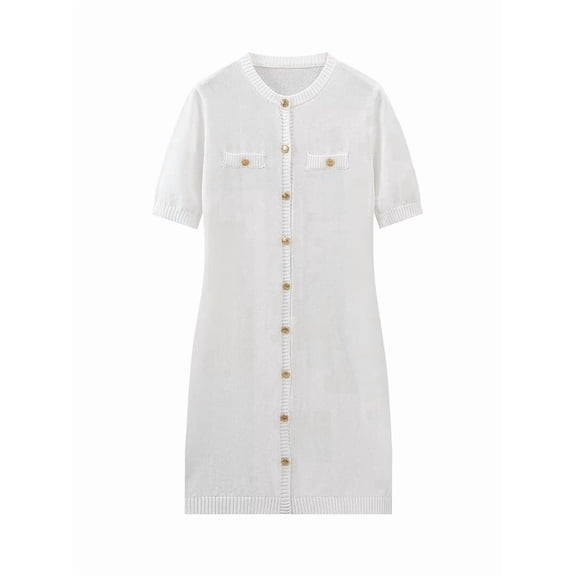 Knitted Dress Women'S Elegant Short Sleeves Round Neck Fake Pockets Single Breasted A-Line Dress White S