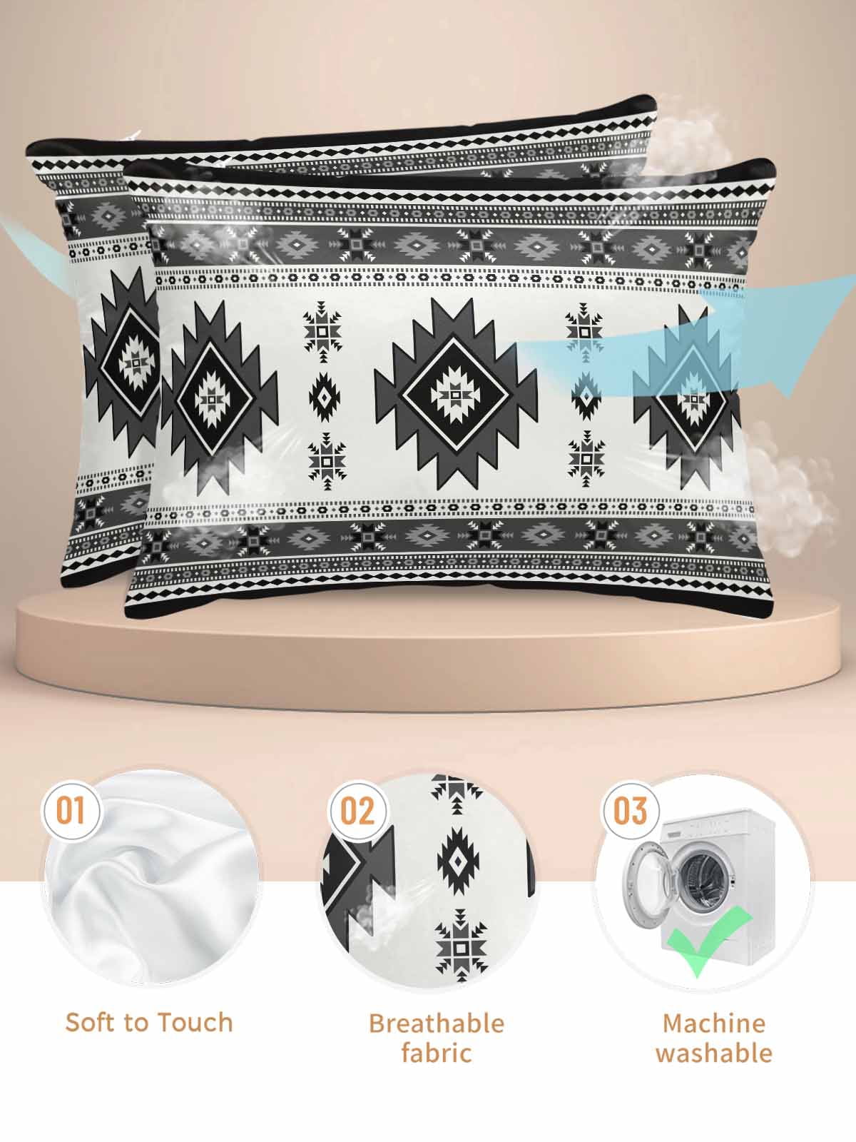 Gray Boho Pillow Cases Queen Size Set of 2, Smooth Satin Pillowcase for Hair and Skin, Southwest Aztec Country Geometric Aesthetic Decorative Cooling Bed Pillow Covers with Zipper, 20x30 Inches