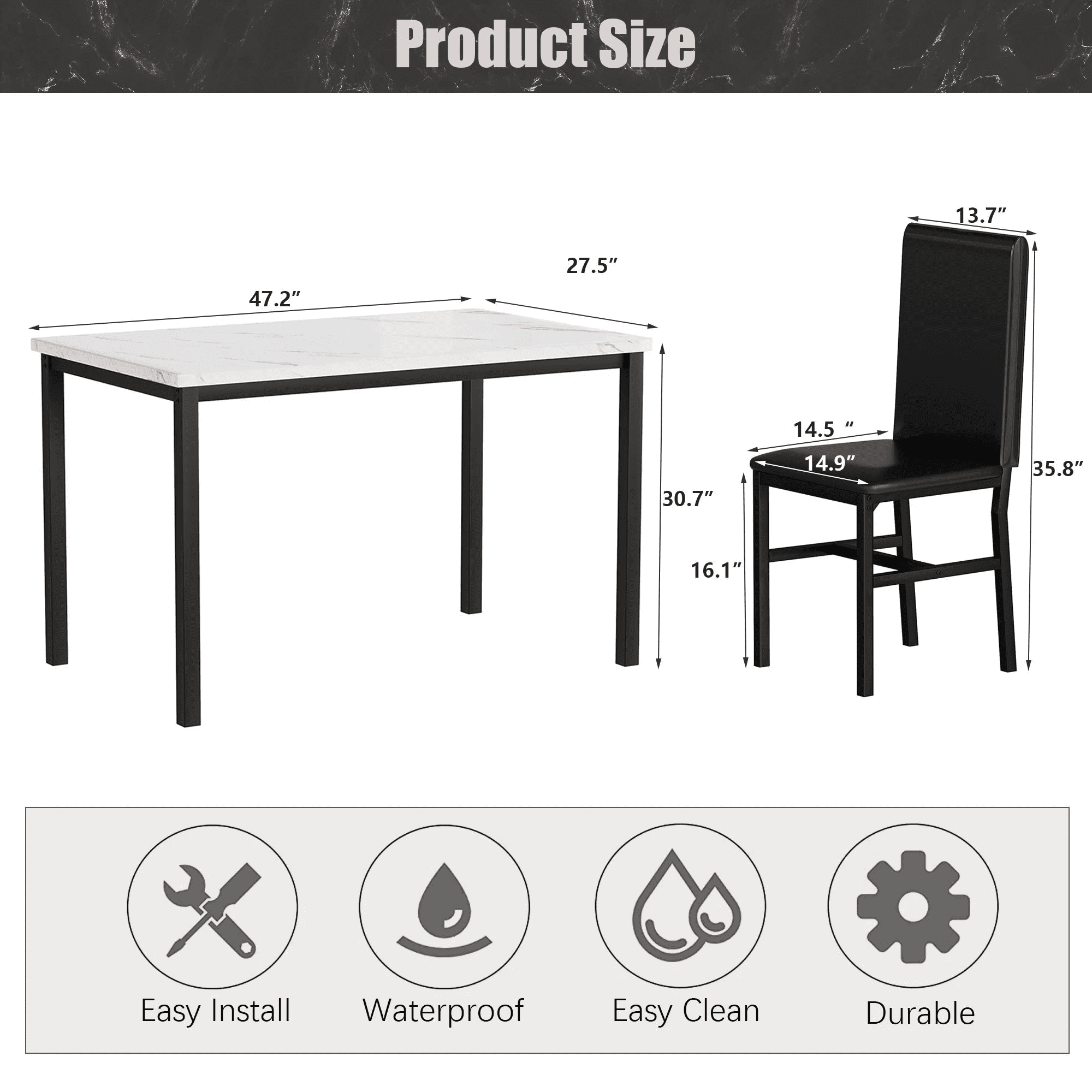 Dining Room Table Set for 4, Kitchen Table Set with 4 Upholstery Chairs, Modern Faux Marble Top Finish Dining Set for Bar, Breakfast Nook, Black