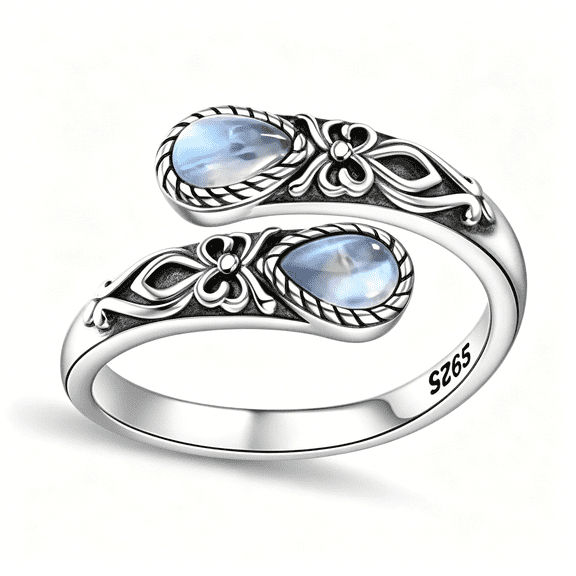 DESIGNICE Silver Natural Moonstone Rings for Women Adjustable Flower Thumb Ring Vintage Spoon Rings Boho Nature Inspired Jewelry Gift