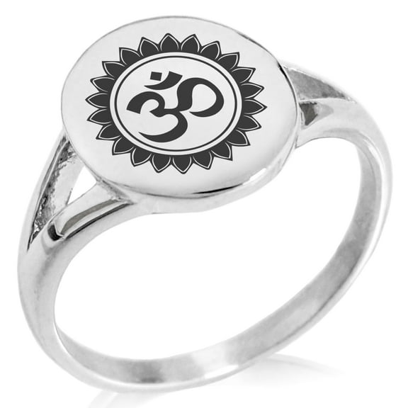 Tioneer Stainless Steel Sacred Lotus Sanskrit Om Minimalist Oval Top Polished Statement Signet Ring