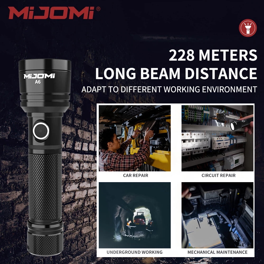 Mijomi Flashlight A6 1000 Lumens high Brightness 228m Beam Distance Samsung LED 18650 Rechargeable Flashlight for Industry use Easy Control 3 Lighting Modes Waterproof flashlight