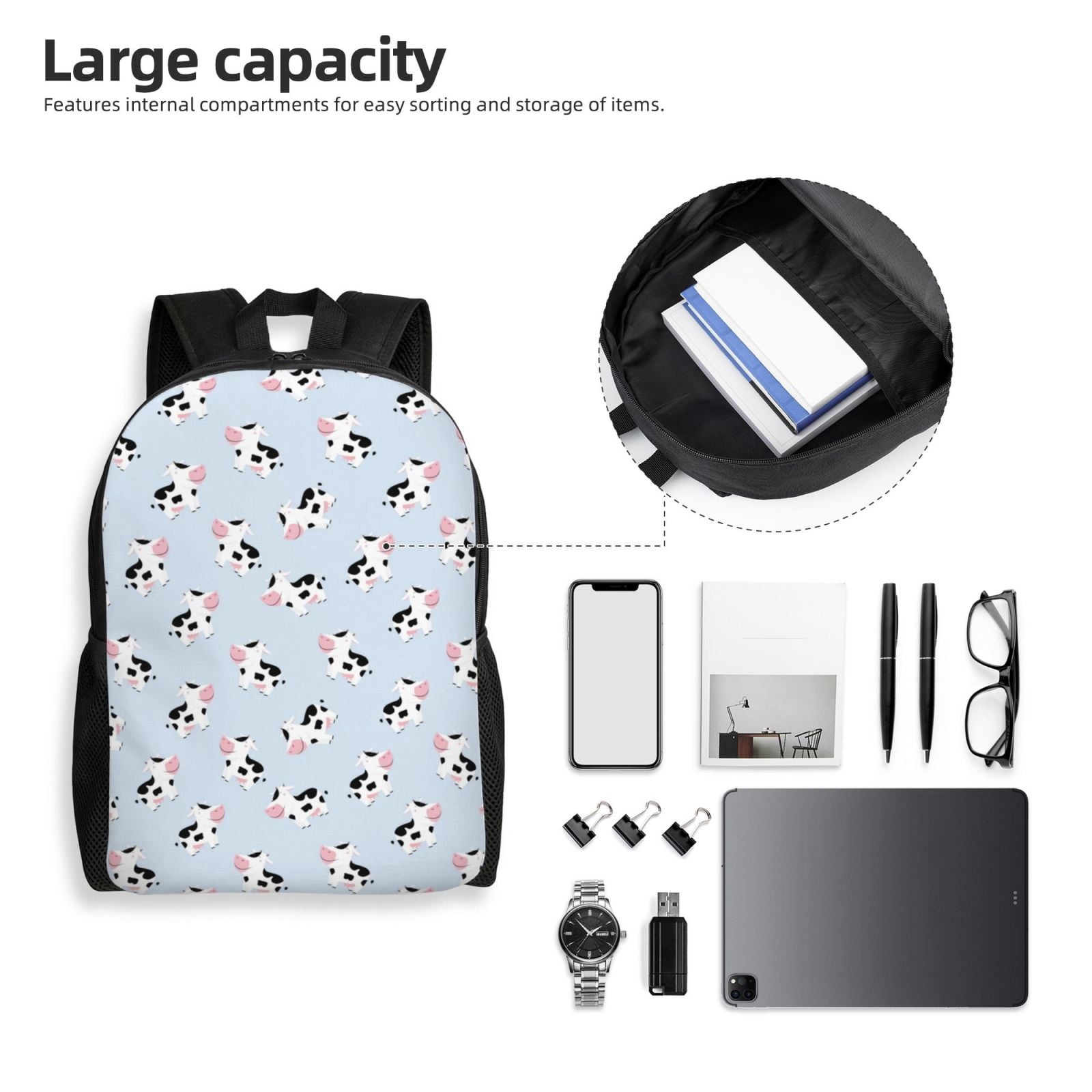 Defioc Cute Farm Cow Print Backpack -Travel,or Work Bookbag Daypacks with 15-Inch Laptop Sleeve and Dual Water Bottle Pockets