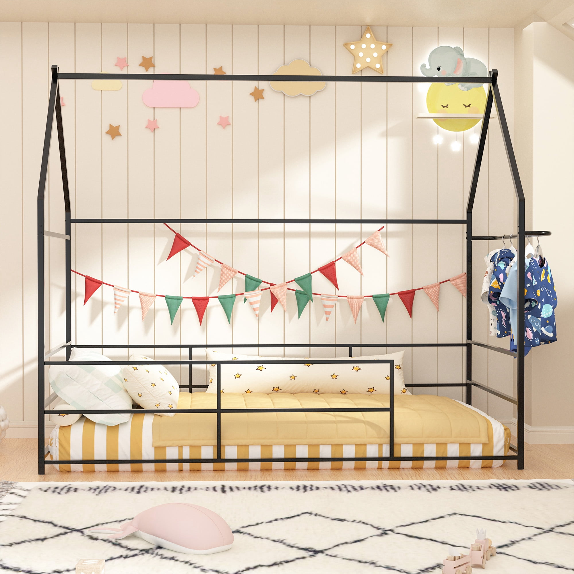 Joywind Metal Twin Floor House Bed with Headboard, Footboard & Guardrails - Montessori Style Bed Frame with Hanging Bar for Boys, Girls,Black
