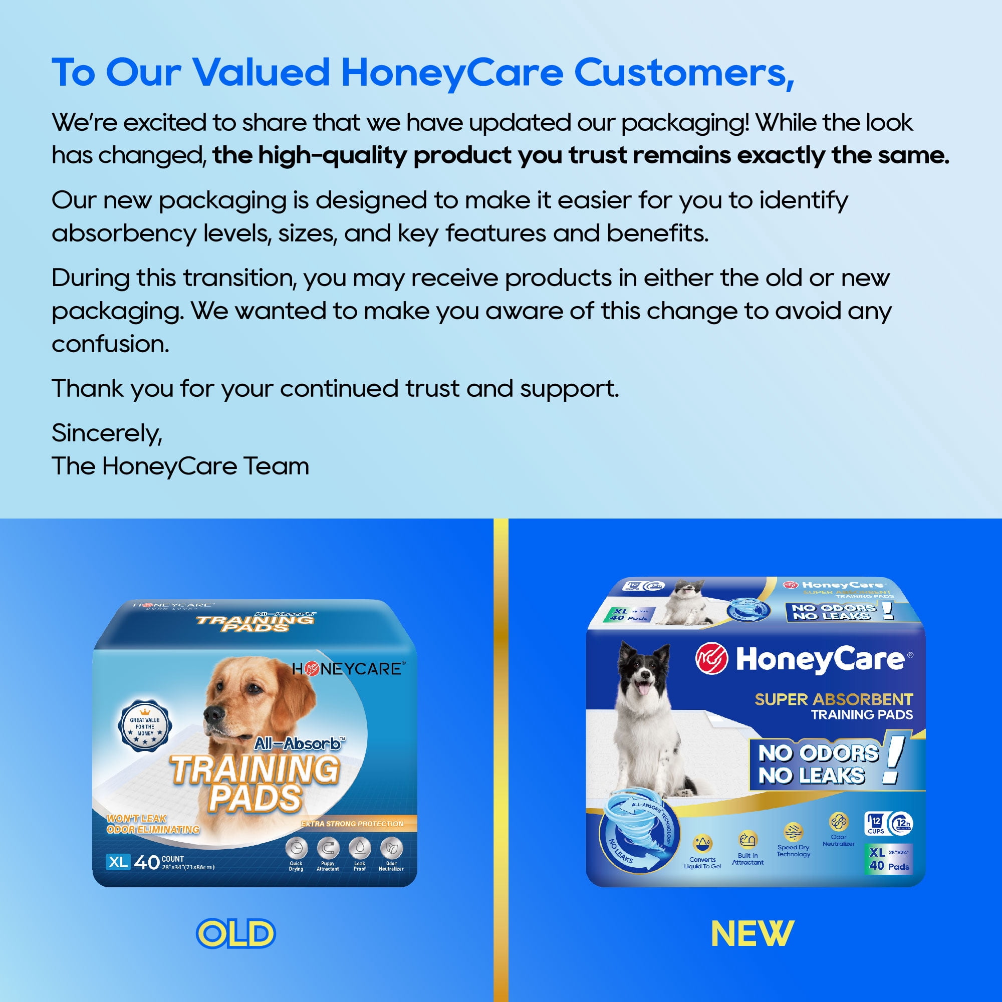 Honey Care Extra Large Dog and Puppy Training Pads, Ultra Absorbent, Blue, 28" x 34", 40 Count