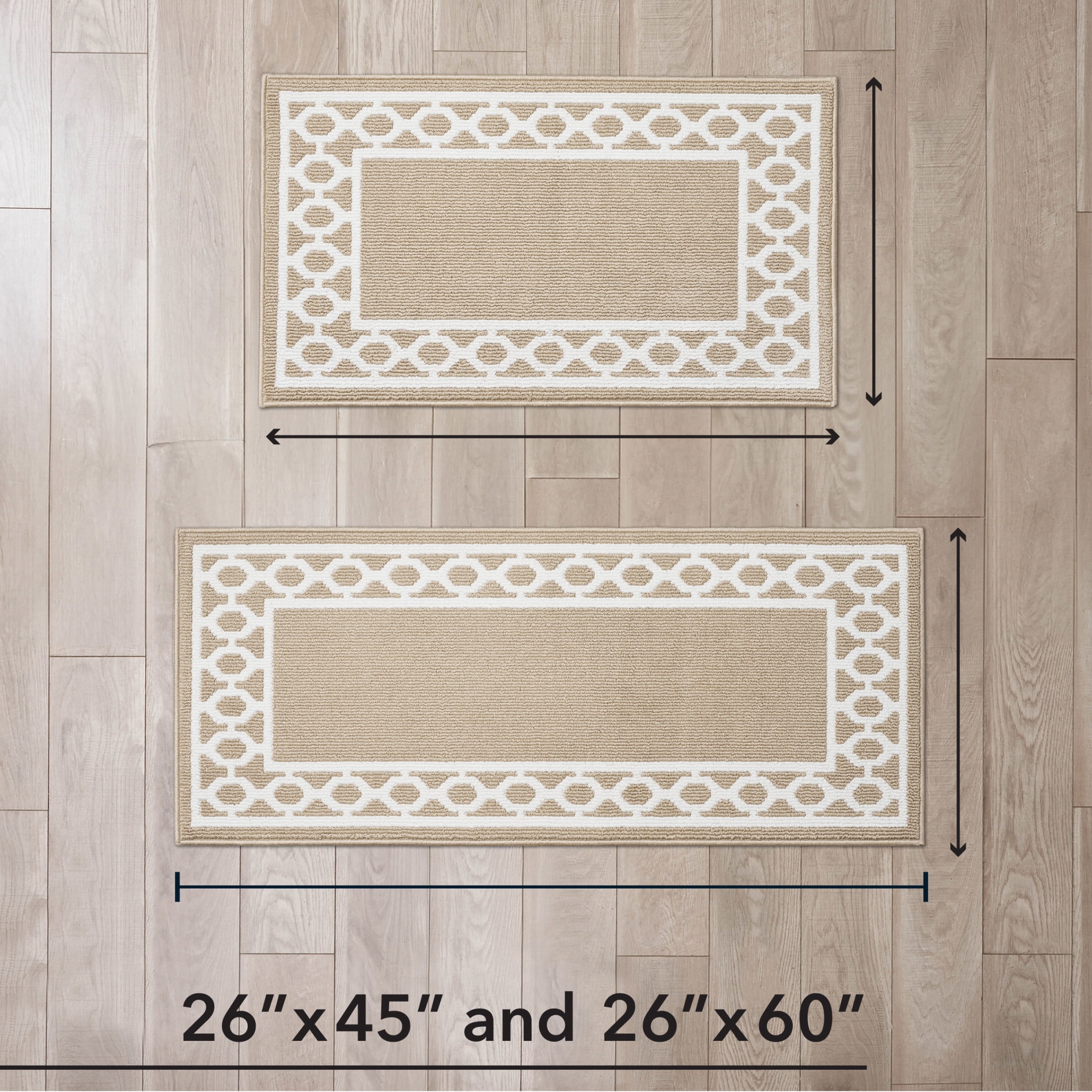 Washable Skid-Resistant Runner Rug, Trellis Border , Beige  and White , 26" x 45"/26" x 60"