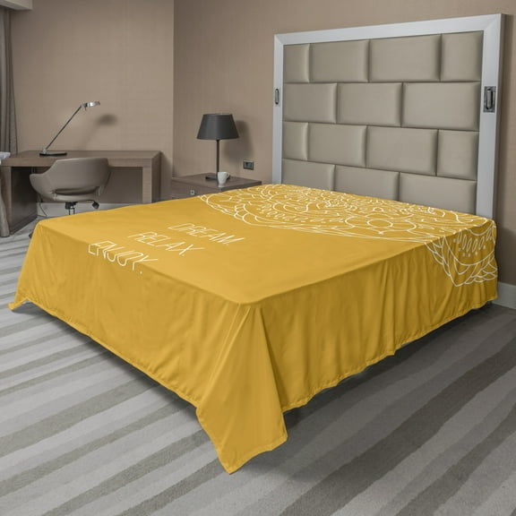 Saying Flat Sheet, Dream Relax Enjoy Message on Damask Stencil Style Mandala Background, Soft Comfortable Top Sheet Decorative Bedding 1 Piece, 6 Sizes, Earth Yellow White, by Ambesonne