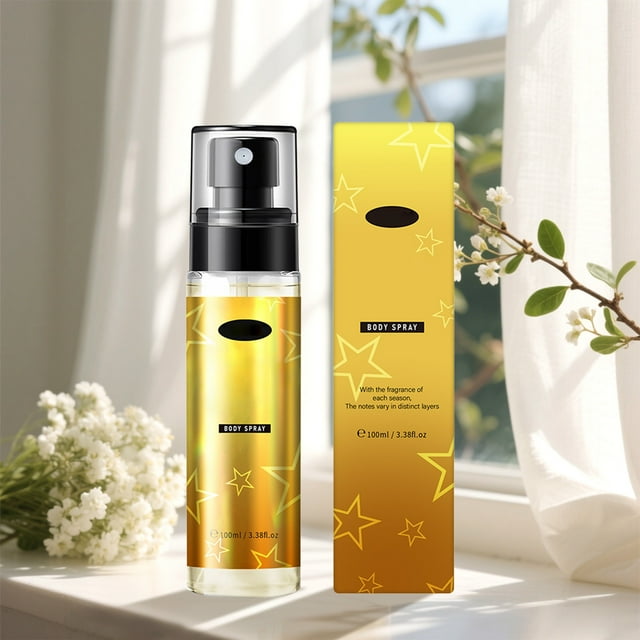Spray corporal perfumado de larga duración con aroma fresco, 100 ml, envase de plástico.