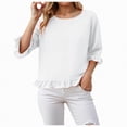 thumbnail image 2 of Towmus Womens 3/4 Sleeve Tops Knit Cotton Ladies Blouses Crew Neck T Shirts for Women Loose Fit Ruffle Sleeve Tunic Tops, L, White, 2 of 8