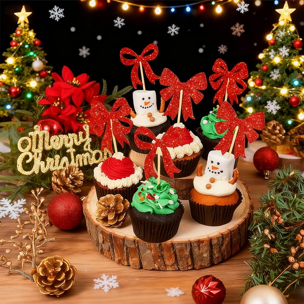 Decoraciones navideñas, adornos navideños, regalos navideños, banderines de papel con lazo rojo brillante para fiestas navideñas, insertos para pasteles, paquete de 24 banderines de papel.