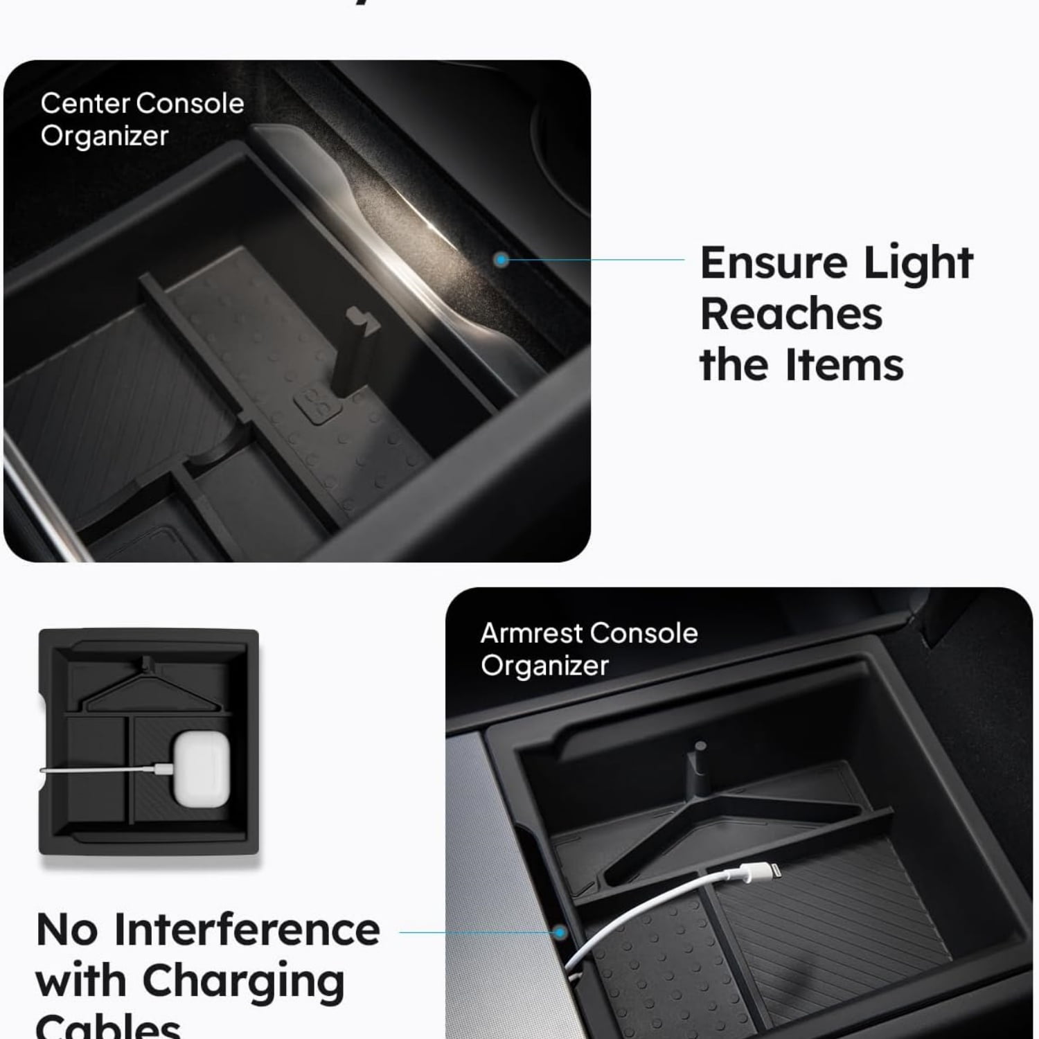 Tesla New Model Y Juniper & Model 3 Center Console Organizer [Double Layer Space, Slide Smoothly] Model 3 (2024~2025)/New Model Y Juniper Accessories, 4PCS Black