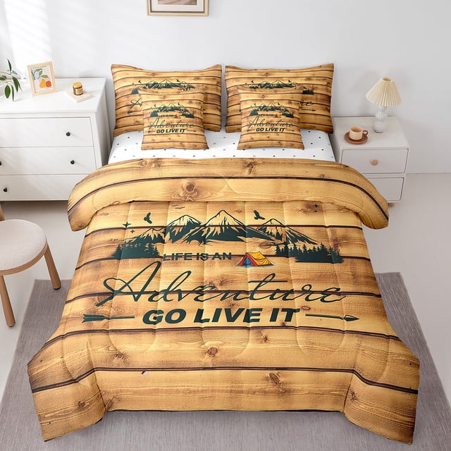 YST, Comforter Set, Retro Adventure Theme, 7-Piece, Kids, Farmhouse Wooden Decor, Polyester, Queen