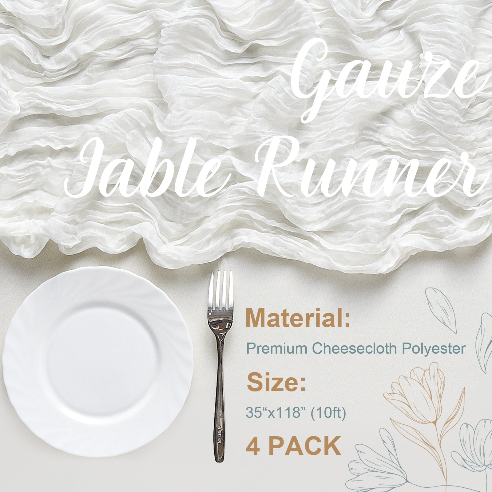 SUNTQ 4 pack Cheesecloth Table Runners,10FT Gauze Boho Cheese Cloth Table Runner for Wedding, Bridal Shower, Rustic Sheer Runner for Fall Thanksgiving Christmas Table Decoration,White