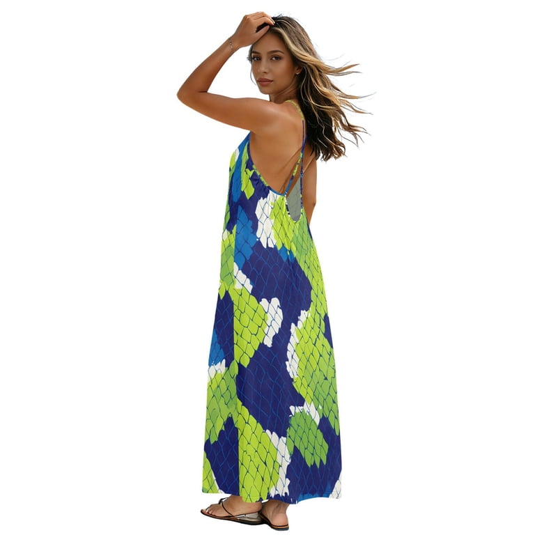 DALAWU Women Dress Oversize Style Open-Back Design-Blue Green Python Pattern Patterng, Women's, Size: 2XL