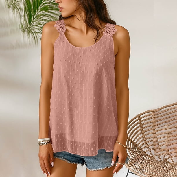 TaTaai Flattering Ruffle Sleeveless Tank, Women's Boho Chiffon Round Neck Lacing Top, Breathable Summer Style, Ideal for Spring Daily Casual Use Gift