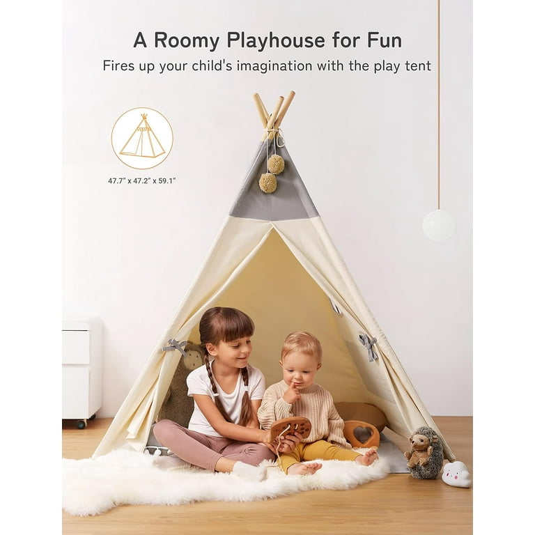 Tent, Teepee Play Tent with Lights and Padded Mat, Portable Cotton