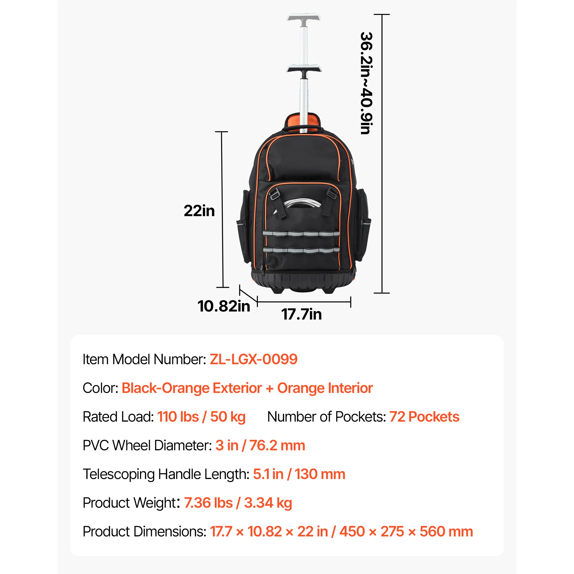 Professional heavy-duty wheeled tool backpack with 72 pockets, a rolling and portable tool bag for construction site operations.