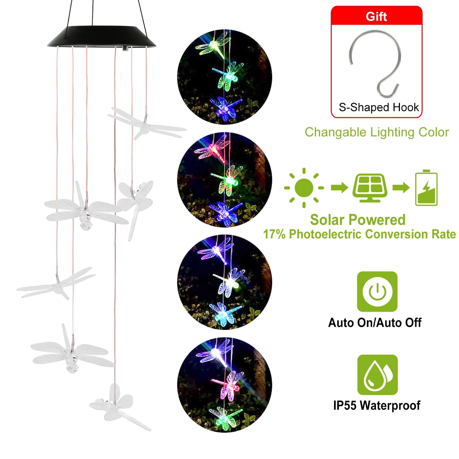 iMounTEK Solar Powered Dragonfly Lights Wind Chimes LED Color Changing Hanging Wind Lamp for Christmas Halloween Garden Patio decor