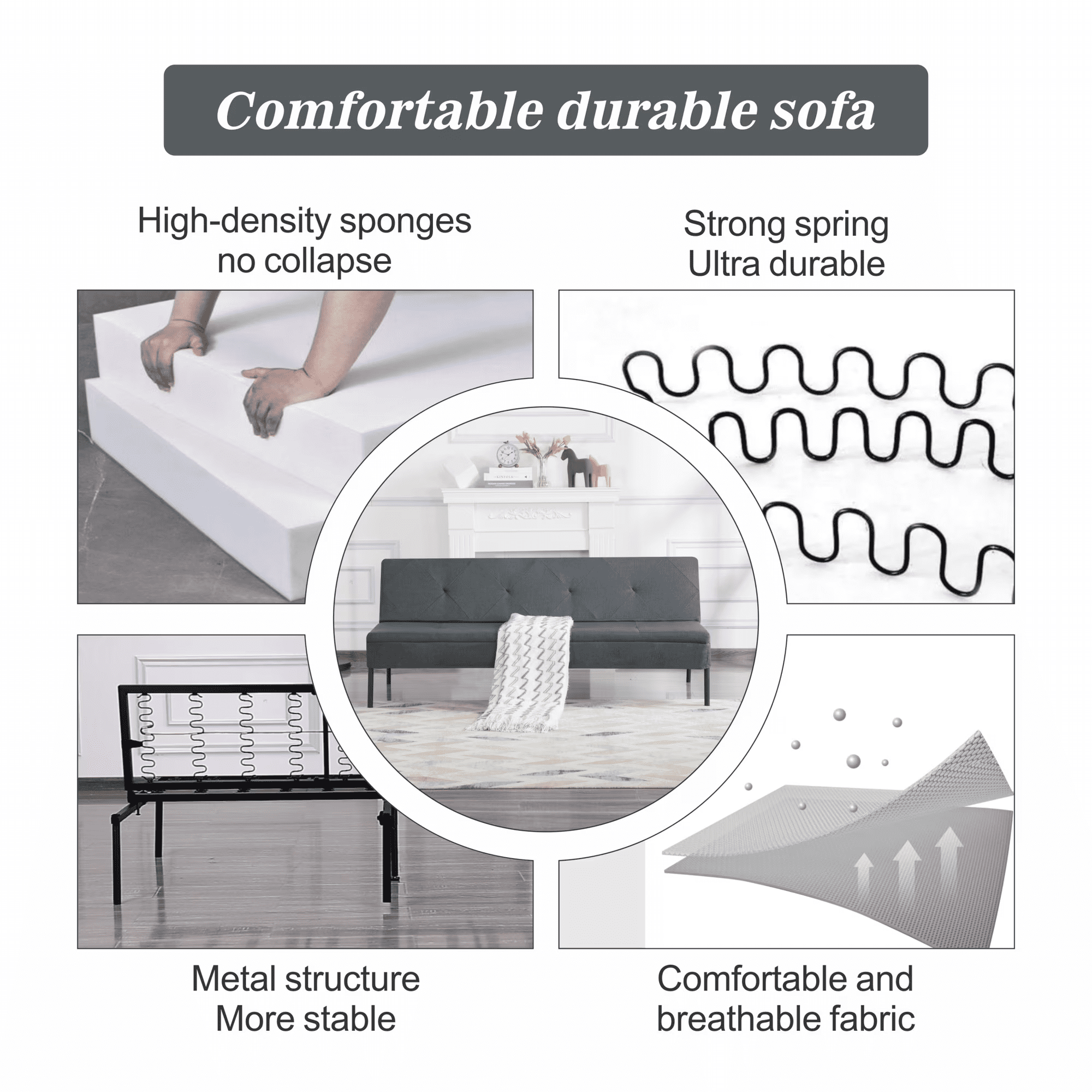 BSHTI 63.39" Futon Sofa Bed with 5 Adjustable Positions – Polyester Fabric Convertible Sleeper Couch with Iron Frame, Clean-Lined Modern Design for Living Room, Apartment, Office, Dark Gray