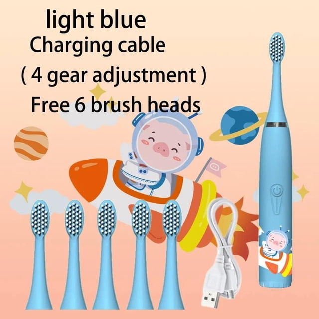 Cepillo de dientes eléctrico para niños, dibujos animados, con cabezal de repuesto, ultrasónico, IPX7, resistente al agua, recargable, sónico