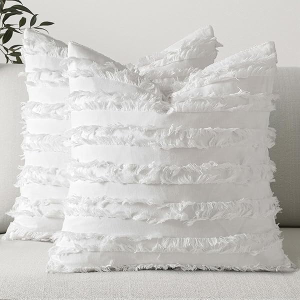 HAYAN Set of 2 Decorative Boho Throw Pillow Covers Linen Striped Jacquard Pattern Cushion Covers for Christmas Sofa Couch Living Room Bedroom 18x18 Inch White