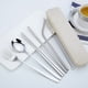 thumbnail image 1 of Set de cubiertos de acero inoxidable de 7 piezas con estuche • Tenedor, cuchara, palillos, 2 pajitas y cepillo • Chapado de titanio, portátil para acampada y viajes, 1 of 6