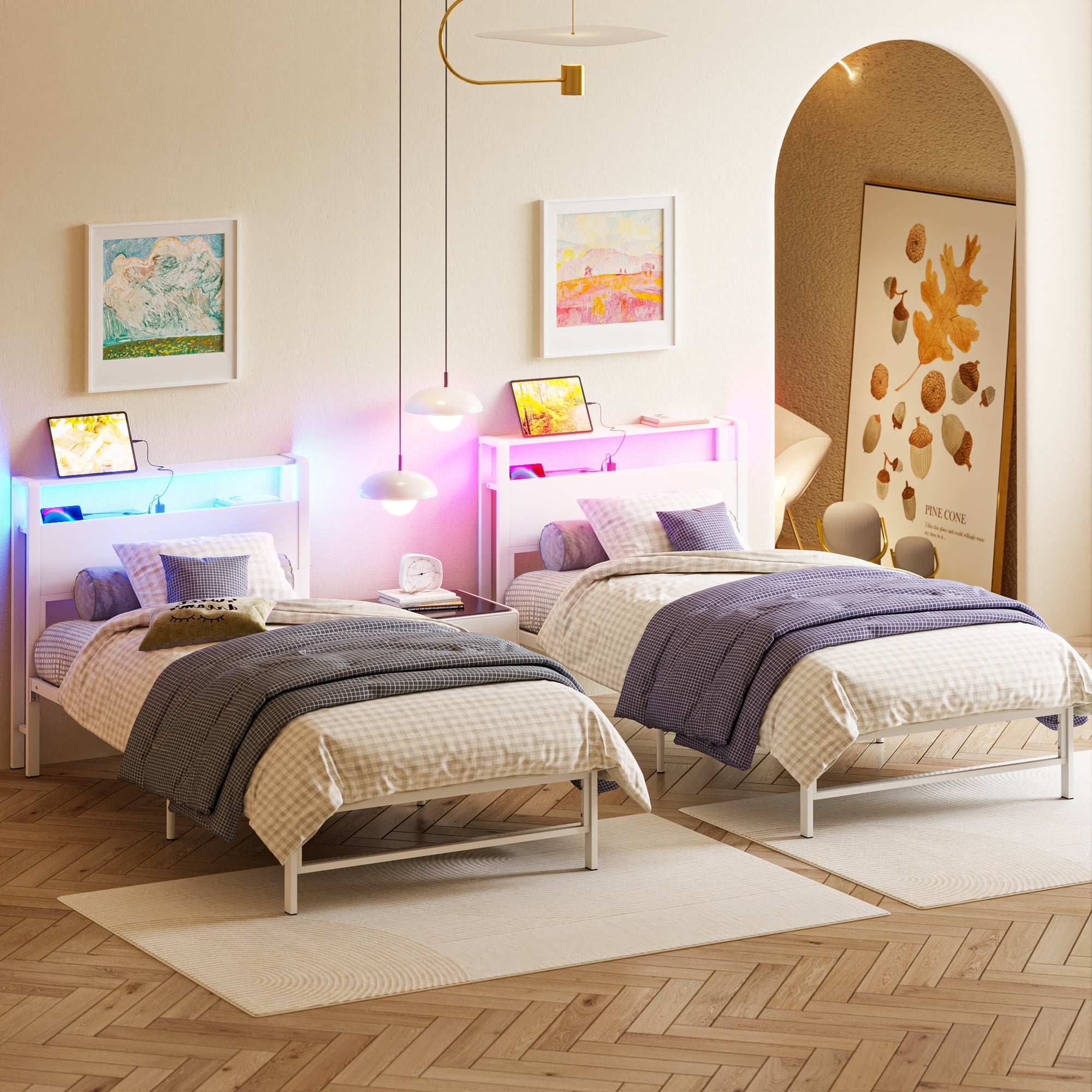 Yoneston Power Outlet LED Light Twin Metal Platform Bed Frame with 2-Tier Storage USB Port Charging Station Headboard for Kids Boys Girls, White