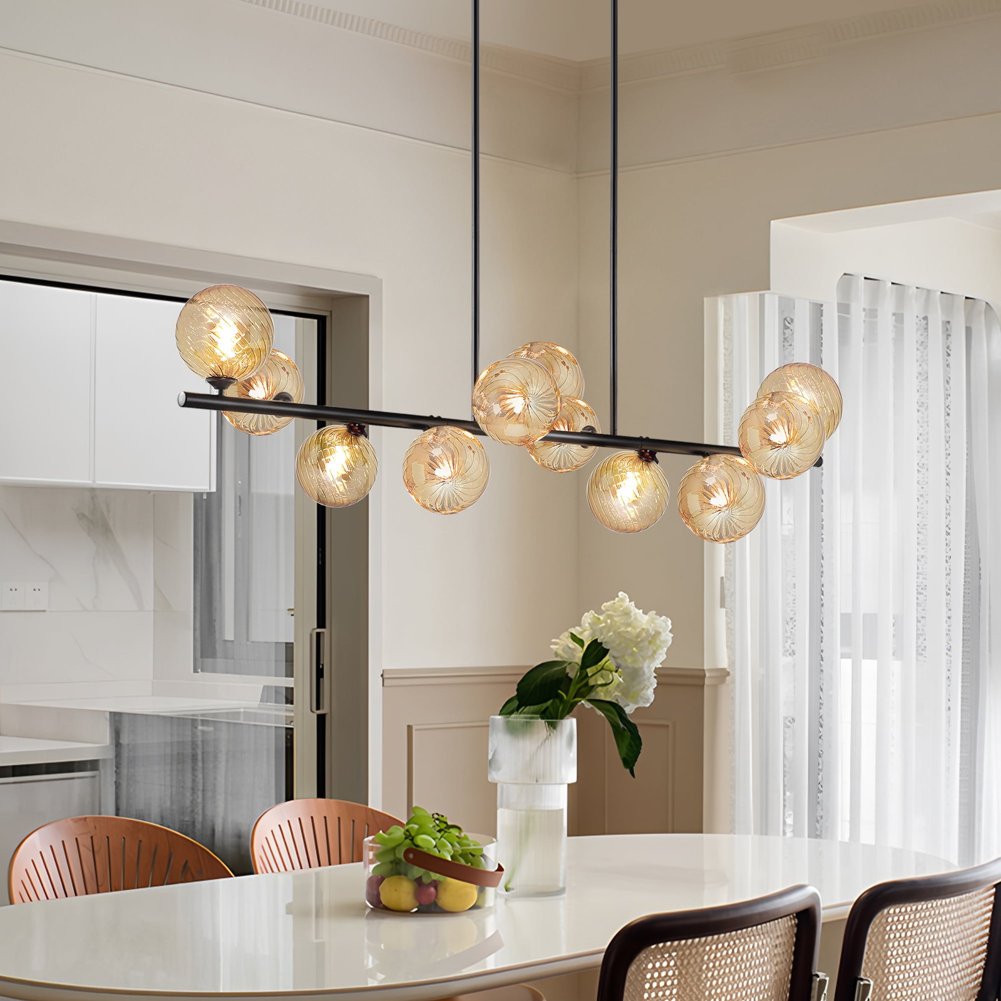 Lzawvm Linear Chandelier for Dining Room with Amber Swirled Glass Globe Dining Room Light Fixture 11-Lights Pendant Lights Kitchen Island for Living Room Sputnik Black 51inch