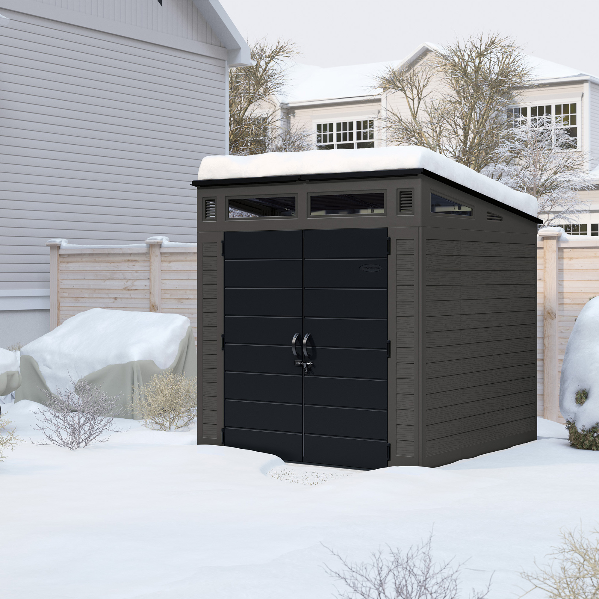Suncast Resin Modernist Outdoor Storage Shed, Black and Gray, 86.5 in D x 89.5 in H x 87.5 in W - image 2 of 5