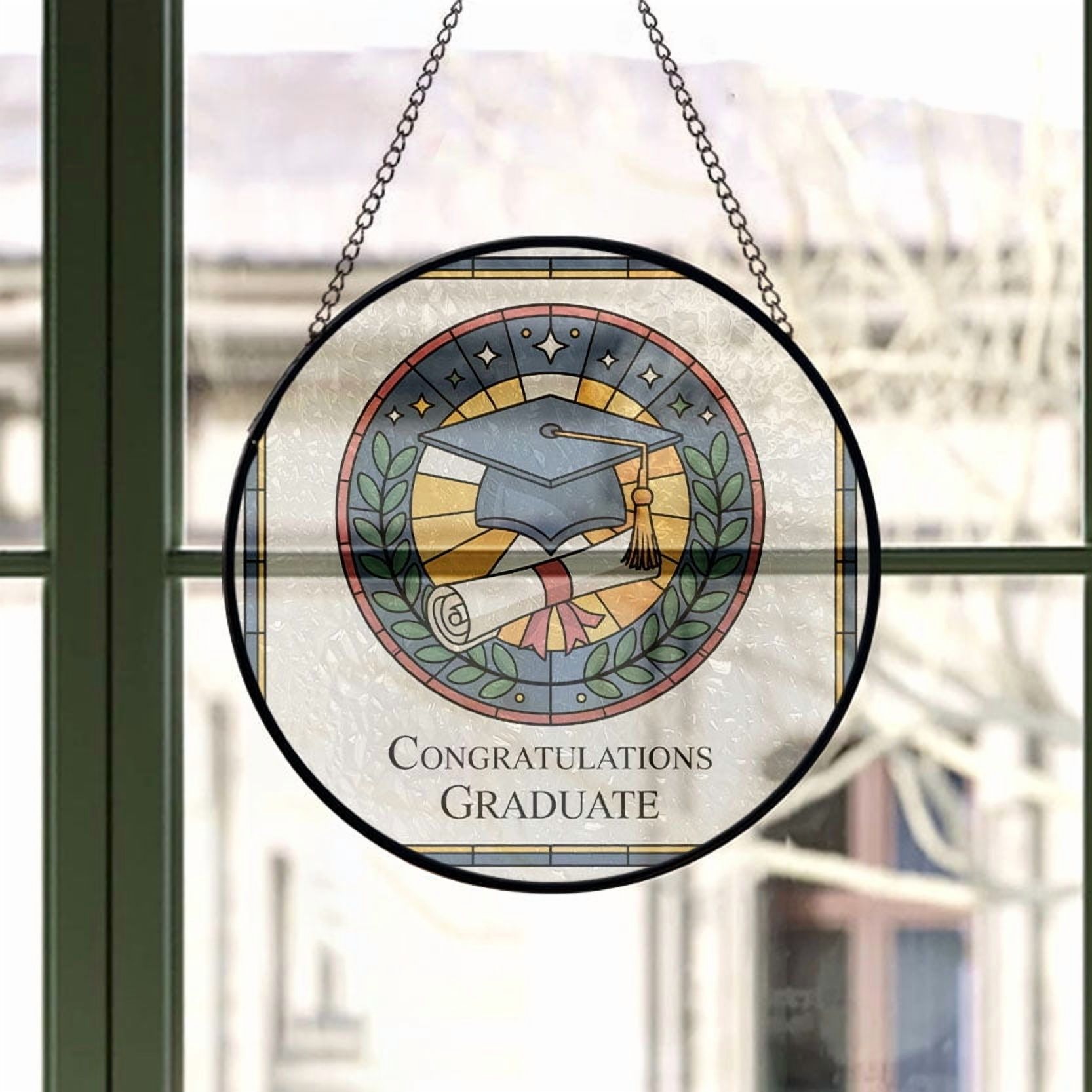 Graduation Cap & Diploma Stained Glass Suncatcher Window Hanging – Custom Text Window Hanging for Man, Woman, Family & Friends, Christmas 2025 Tree Decoration