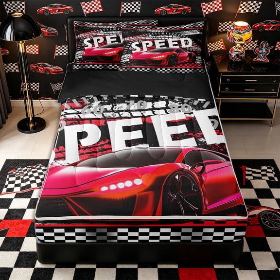Castle Fairy Bold Red Sports Car Zipper Twin Comforter Sets with Fitted Sheet and 2 Pillowcases,Vivid Speedometer Tire Zipper Bedding Set,Red Black White,4-Piece,Black Reversible