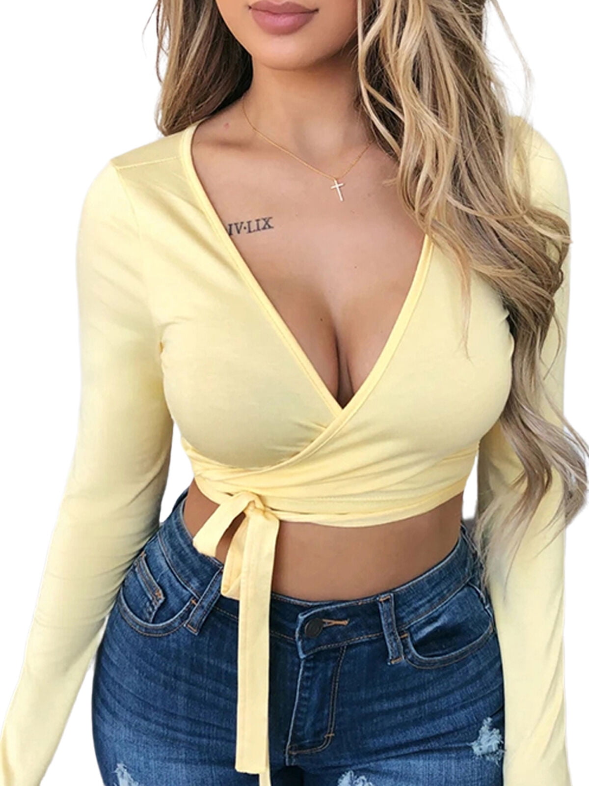 Lookwoild Women Wrap Tie Up Crop Tops Deep V Neck Long Sleeve Casual Tight Strappy Blouses