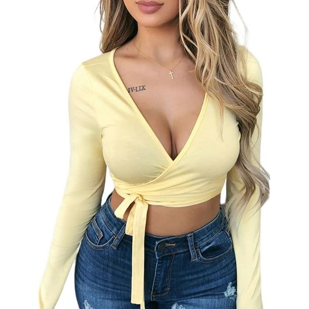 Lookwoild Women Wrap Tie Up Crop Tops Deep V Neck Long Sleeve Casual Tight Strappy Blouses